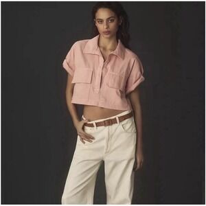 Anthropologie Pilcro Short-Sleeve Cropped Boxy Top Tee size S Salmon Pink Cotton